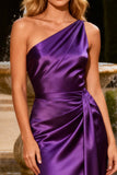 One Shoulder Purple Mermaid Satin Long Formal Dress