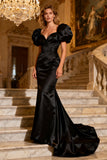 Mermaid Satin Maxi Black Tie Dress With Puff Sleeves