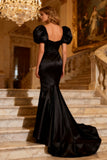 Mermaid Satin Maxi Black Tie Dress With Puff Sleeves