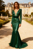 Sparkly Dark Green Mermaid V-Neck Maxi Formal Dress