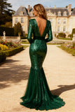 Sparkly Dark Green Mermaid V-Neck Maxi Formal Dress