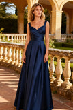 Satin Navy A-Line Ruched Maxi Formal Dress