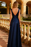 Satin Navy A-Line Ruched Maxi Formal Dress