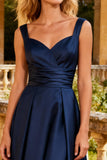 Satin Navy A-Line Ruched Maxi Formal Dress