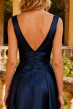 Satin Navy A-Line Ruched Maxi Formal Dress