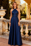 Navy Halter Ruched A-Line Satin Maxi Formal Dress
