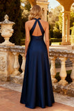 Navy Halter Ruched A-Line Satin Maxi Formal Dress