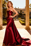 Burgundy Strapless Mermaid Maxi Formal Dress With Cape