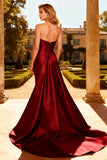 Burgundy Strapless Mermaid Maxi Formal Dress With Cape