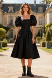Black A-Line Square Neck Midi Dress With Puff Sleeves
