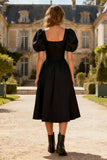 Black A-Line Square Neck Midi Dress With Puff Sleeves