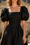 Black A-Line Square Neck Midi Dress With Puff Sleeves