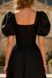 Black A-Line Square Neck Midi Dress With Puff Sleeves