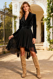 Black Notched Lapel Semi-Formal Dress With Belt