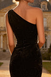One Shoulder Black Velvet Mermaid Midi Cocktail Dress