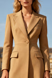 Khaki Peak Lapel A-Line Midi Work Dress