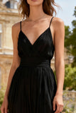Black A-Line Spaghetti Straps Midi Dress