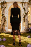 Black Bodycon Long Sleeve Semi-Formal Dress With Lace