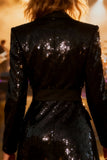 Sparkly Black Peak Lapel Midi Blazer Dress