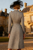 Black and White Houndstooth Peak Lapel Midi Work Dress