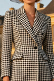 Black and White Houndstooth Peak Lapel Midi Work Dress