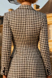 Black and White Houndstooth Peak Lapel Midi Work Dress