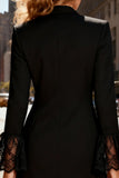 Black Pencil Peak Lapel Midi Business Dress With Lace Long Sleeves