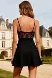 Black A-Line Spaghetti Straps Cocktail Dress With Lace