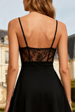 Black A-Line Spaghetti Straps Cocktail Dress With Lace