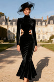 Mermaid Velvet High Neck Cut Out Black Tie Dress