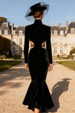 Mermaid Velvet High Neck Cut Out Black Tie Dress