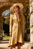 Gold Peak Lapel A-Line Midi Blazer Dress With Long Sleeves