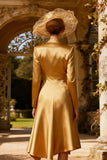 Gold Peak Lapel A-Line Midi Blazer Dress With Long Sleeves