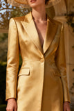 Gold Peak Lapel A-Line Midi Blazer Dress With Long Sleeves