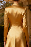 Gold Peak Lapel A-Line Midi Blazer Dress With Long Sleeves