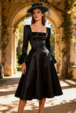 Black A-Line Square Neck Semi-Formal Dress With Flare Sleeves