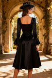 Black A-Line Square Neck Semi-Formal Dress With Flare Sleeves