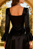 Black A-Line Square Neck Semi-Formal Dress With Flare Sleeves