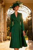 Dark Green A-Line Peak Lapel Midi Work Dress