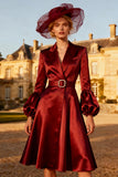 Burgundy A-Line Peak Lapel Midi Blazer Dress With Belt
