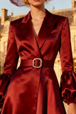 Burgundy A-Line Peak Lapel Midi Blazer Dress With Belt