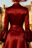 Burgundy A-Line Peak Lapel Midi Blazer Dress With Belt