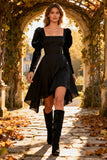 Black A-Line Square Neck Midi Dress With Long Sleeves