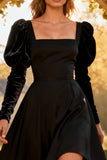 Black A-Line Square Neck Midi Dress With Long Sleeves