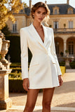 White Long Sleeve Peak Lapel Business Casual Dress