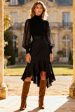 Black High Neck Cocktail Dress With Sheer Sleeves