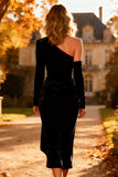 One Shoulder Bodycon Velvet Little Black Dress With Slit