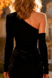 One Shoulder Bodycon Velvet Little Black Dress With Slit