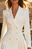 White A-Line Peak Lapel Business Casual Dress With Long Sleeves