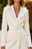 White Ruffle Long Sleeve Work Dress With Belt